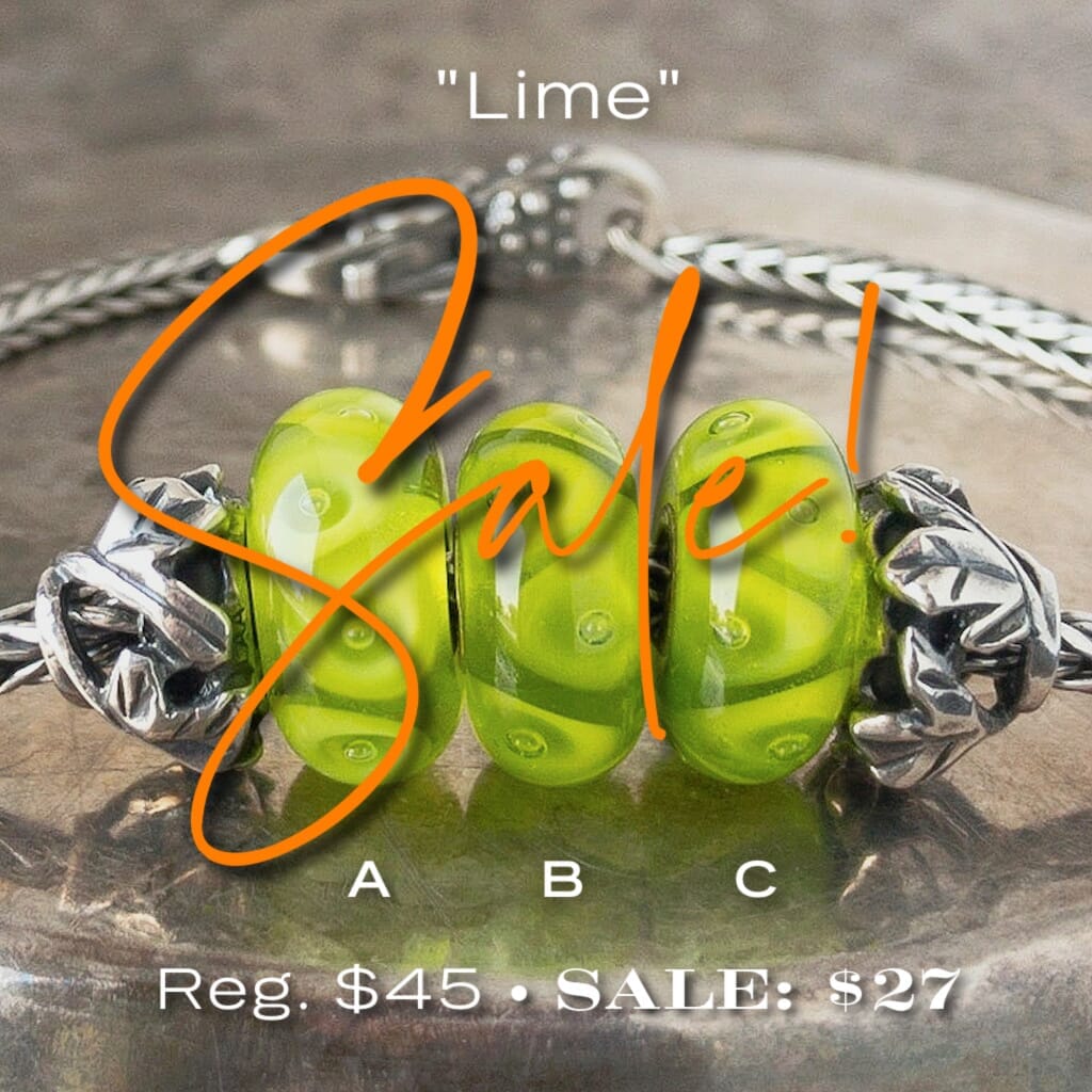 Three versions of glass LIME Trollbead, triangle & bubble design, in tones of bright green, on Trollbeads silver bracelet.