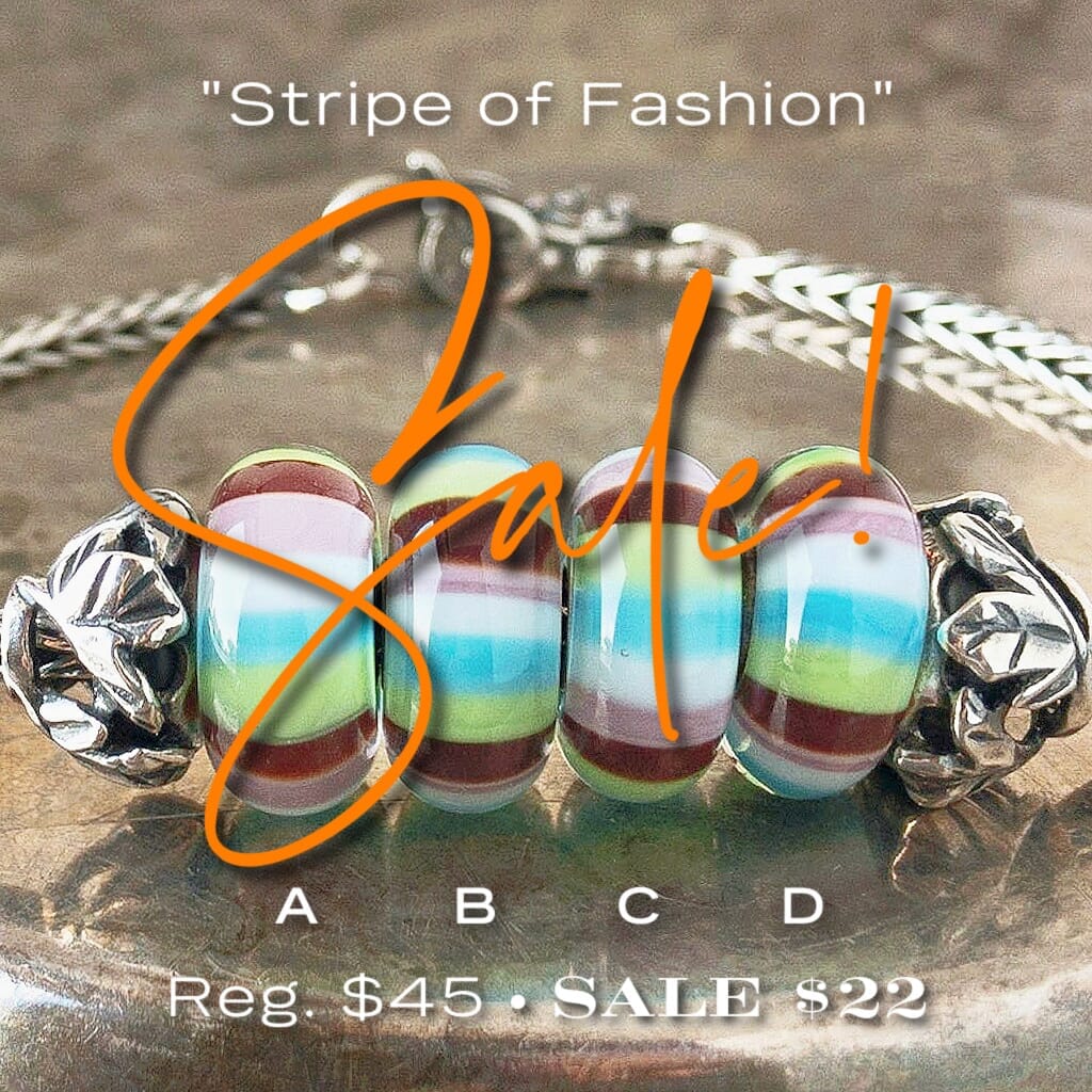 4 versions of Trollbeads STRIPE OF FASHION glass bead, with 4 colors of horizontal stripes, on a Trollbeads silver bracelet.