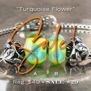 3 versions of glass  Trollbeads TURQUOISE FLOWER on chartreuse base, on Trollbeads silver bracelet.