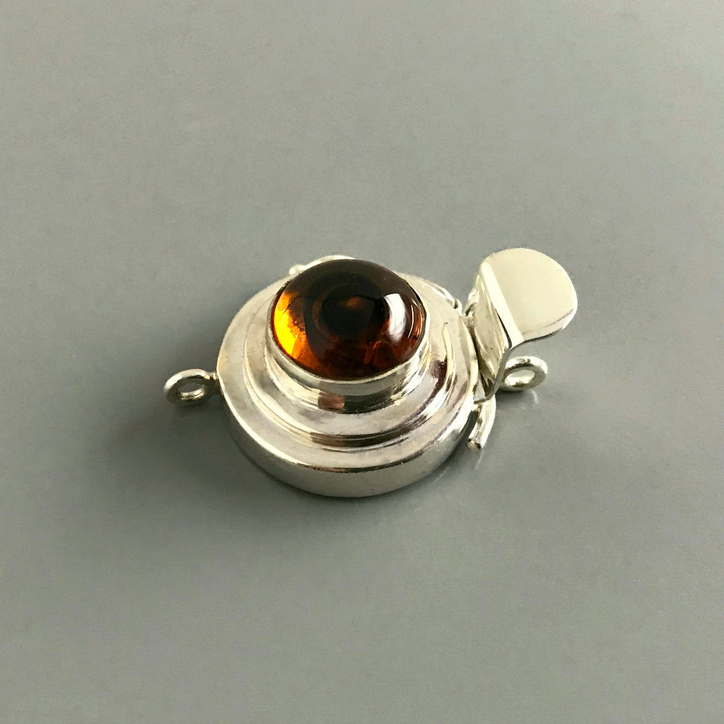 DIAMOND SHAPED, AMBER, VINTAGE GLASS CABOCHON, STERLING SILVER BOX CLASP